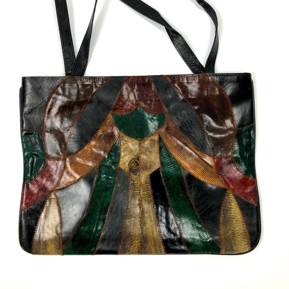 Vintage Handbags - 90s Vintage Faux Reptile Print Patchwork Tote